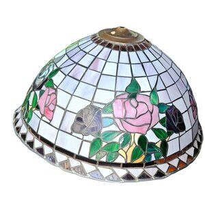 Vintage Light Pendant Tiffany-Style Stained Leaded Glass Floral Brass 21" Dia
